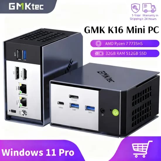 GMKtec NucBox K16 미니 PC AMD Ryzen 7 7735HS 윈도우 11 프로 2.5G 듀얼 LAN WiFi 6E BT 5.2 데스크탑 컴퓨터 USB 4.0 미니 PC