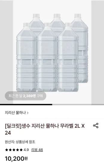 지리산 물하나 무라벨 생수 2L 24개