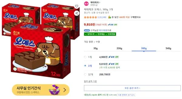 해태제과 오예스, 360g, 3개 (9,810원/무료)
