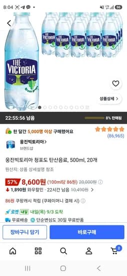 웅진빅토리아 청포도 탄산음료, 500ml, 20개 (8,600원/무료)
