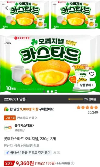 롯데카스타드 오리지널, 230g, 3개 (9,360원/무료)