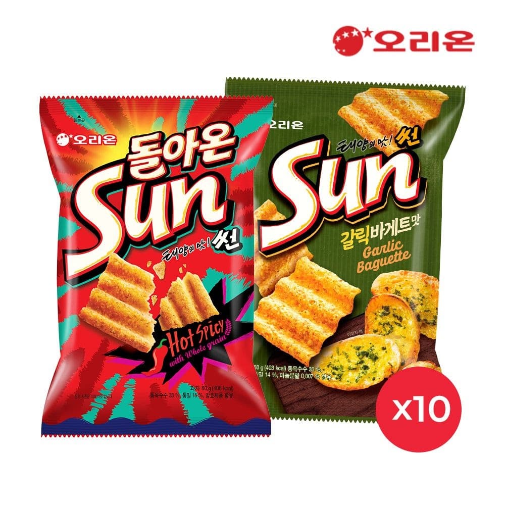 오리온 썬 핫스파이시 80g x 10개 + 썬 갈릭바게트 80g x 10개 (19,440원 / 무료)