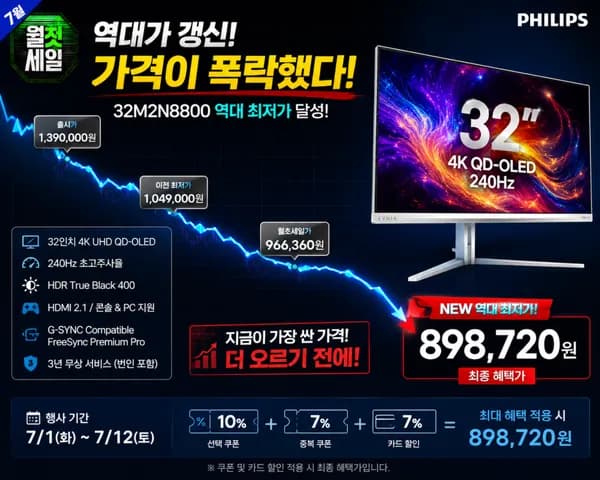 필립스 32M2N8800 32인치 4K UHD QD-OLED 240Hz