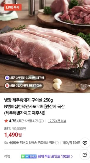 냉장 제주흑돼지 구이살 250g 1490원
