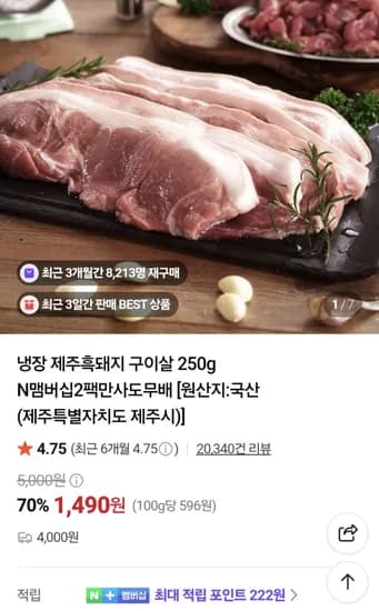 냉장 제주흑돼지 구이살 250g 1490원  N맴버십2팩만사도무배