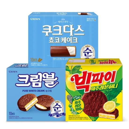 크라운 쿠크다스 쵸코케이크 202g 크림블 순크림 300g 빅파이 레몬 324g 12290원