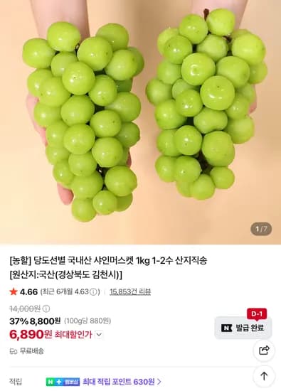 당도선별 국내산 샤인머스켓 1kg 1-2수 6890원