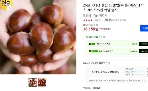 26년 국내산 햇밤 햇 알밤(특대사이즈) 1박스 3kg