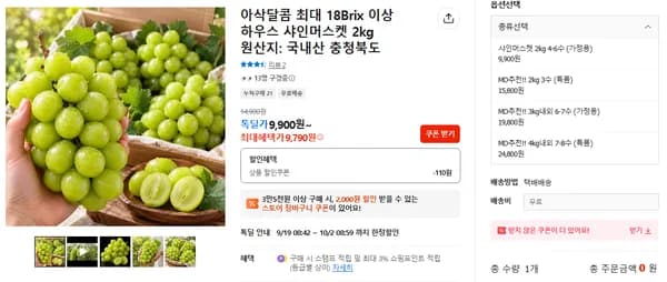 최대 18Brix 이상 하우스 샤인머스켓 2kg 원산지: 국내산 충청북도