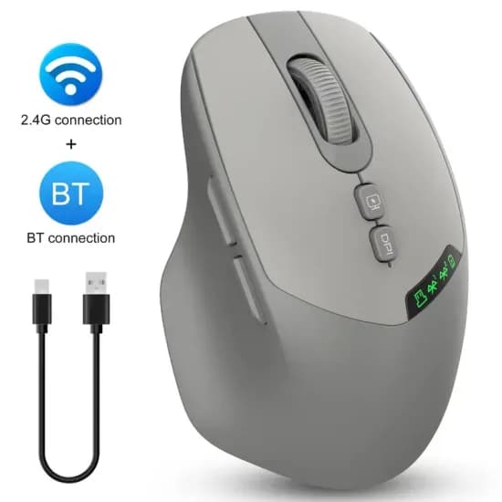 무소음 듀얼 모드 무선 마우스 블루투스 2.4G 전원 디지털 디스플레이 DPI 조절 가능 인체공학적 디자인 PC 노트북용 사무용 마우스