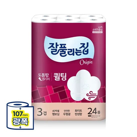 잘풀리는집 도톰한 3겹 퀼팅 광폭 화장지 30m x 24롤 x 1팩