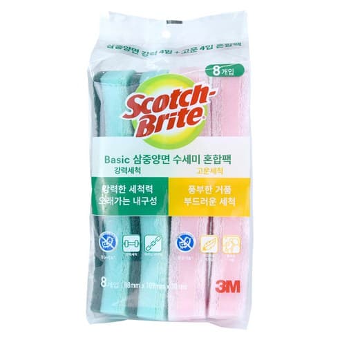 스카치브라이트 삼중양면 스펀지 수세미 혼합팩 8개입
