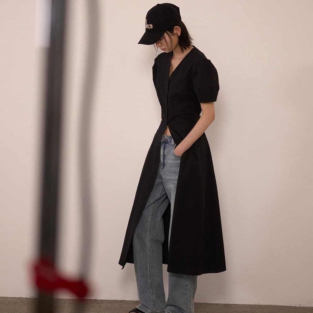 제너럴아이디어 브이넥 퍼프 롱 원피스