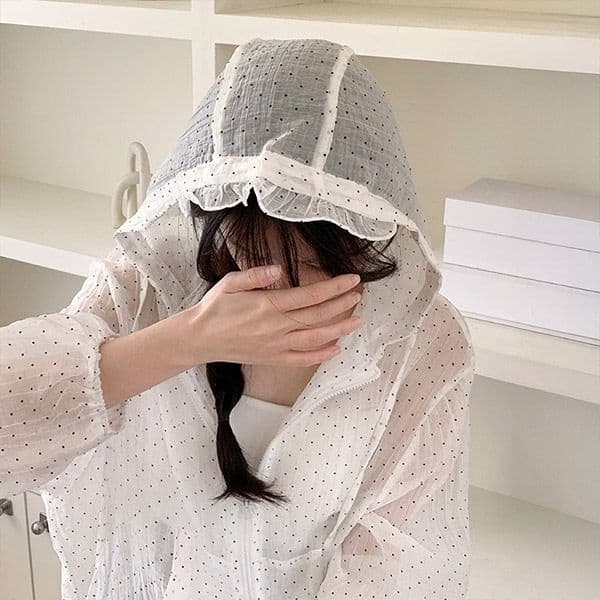 프릴 후드 도트 바람막이 점퍼