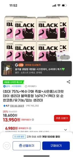시크릿데이 생리대 입오버 중형 13950원
