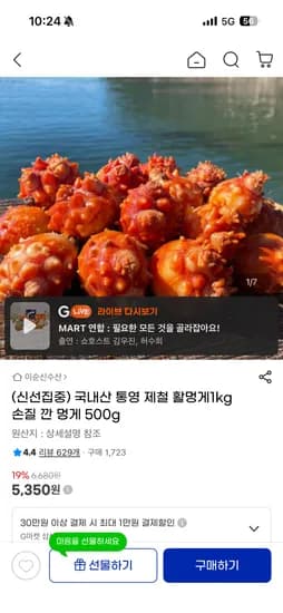 국내산 통영 제철 활멍게1kg 손질 깐 멍게 500g 5,350원 무배
