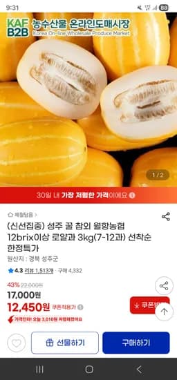 성주 꿀 참외 월항농협 로얄과 3kg