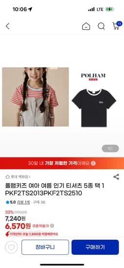 폴햄키즈 여아 여름 티셔츠 5종 택1, 1개
