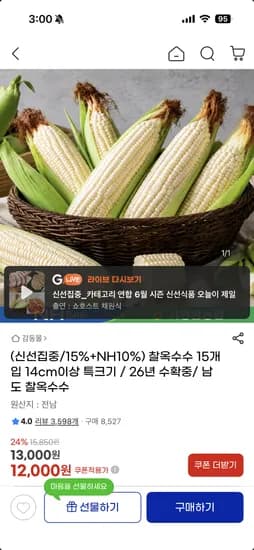 찰옥수수 15개입 14cm이상 특크기 10,800원
