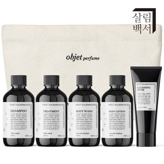 살림백서 오브제 여행용 세면도구 어메니티 5종 세트 트래블키트 샴푸 바디워시 린스 폼클