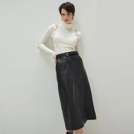 이태리 램스킨 백포켓 미디 스커트 SSK24C170