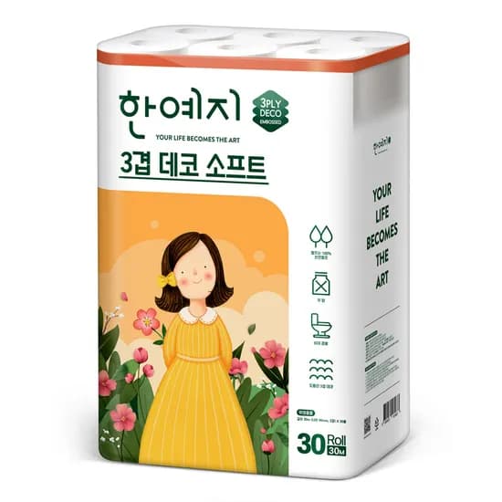 한예지 3겹 데코 소프트 무형광 천연펄프 화장지 30m, 30롤, 1팩