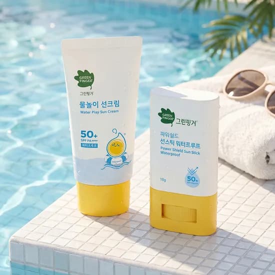 그린핑거 물놀이 선크림 50ml + 파워쉴드 선스틱 18g / SPF50+ PA++++ / 눈시림없는 선크림,  키즈선크림, 워터프루프, 유아, 어린이