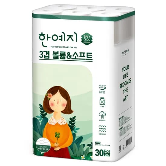 한예지 천연펄프 3겹 볼륨앤소프트 두루마리 휴지 화장지 20m, 30롤, 1팩