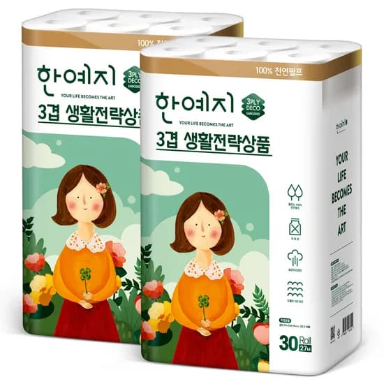 한예지 생활전략상품 천연펄프 화장지 27m, 30롤, 2팩