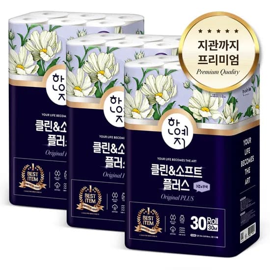 한예지 100% 지관까지 천연펄프 클린앤소프트 플러스 3겹데코 30m, 30롤, 3팩