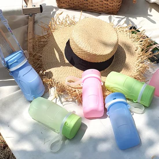 아가프라 실리콘빨대컵+어깨끈 300ml 접이식 물통 물주머니 ,견학물병,어린이집