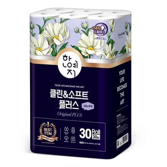 클린앤소프트 플러스 천연펄프 화장지 3겹 30M 30롤 1팩