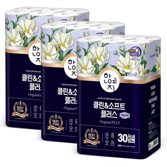 클린앤소프트 플러스 천연펄프 화장지 3겹 30M 30롤 3팩