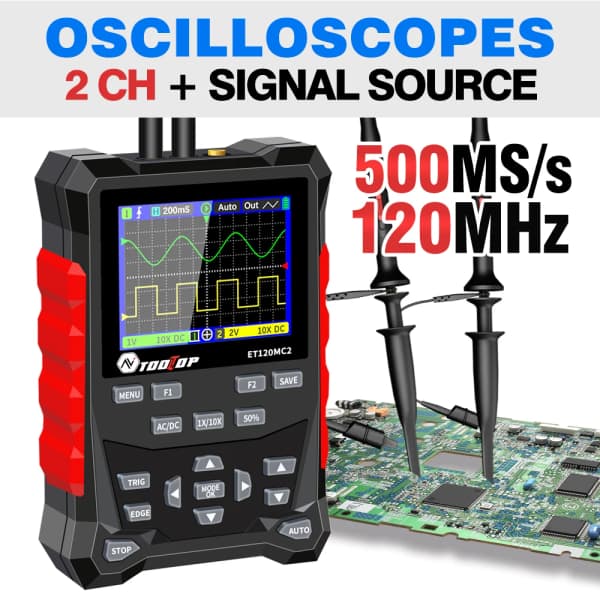 2024 최신 TOOLTOP ET120MC2 듀얼 채널 디지털 오실로스코프 신호 발생기 120MHz 500MSa/S 미니 자동 휴대용 오실로스코프