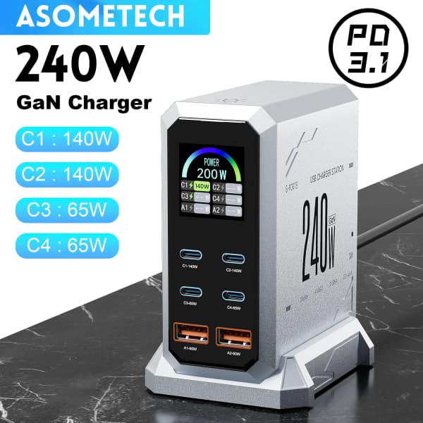 240W 디지털 GaN 충전기 PD3.1 140W USB 유형 C 6 고속충전스테이션($20.54,무료)