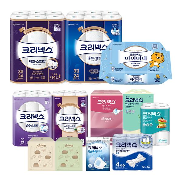 크리넥스 3겹 데코&소프트 와이드 33M 24롤x2팩 (31,000원/무배)1