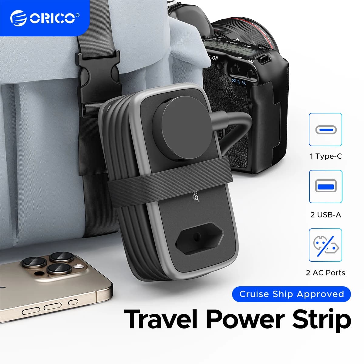 ORICO 5-In-1 여행용 전원 스트립(2AC 3USB 포트 포함)($8.48/무료)