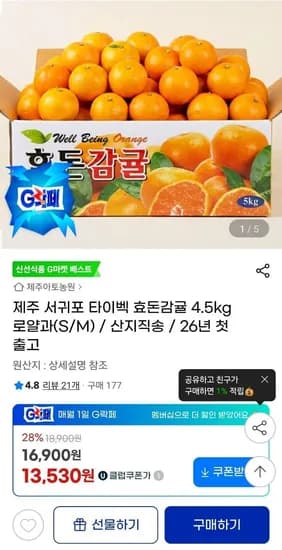 제주 타이벡 감귤 4.5kg 로얄과 S-M