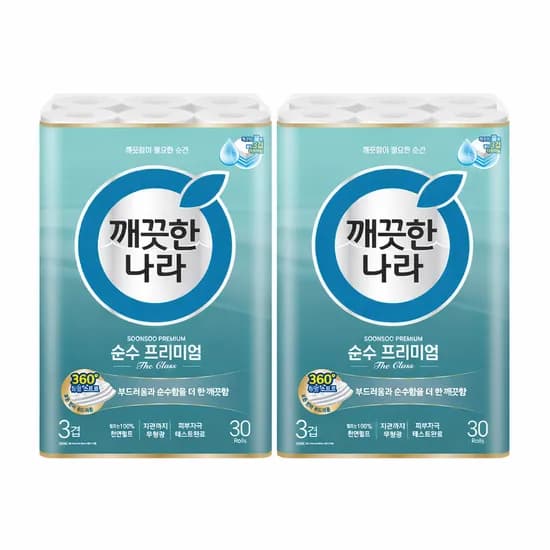 깨끗한나라 순수 프리미엄 더클래스 겹 화장지 30m 30롤 2팩 (24,900원/무료)3