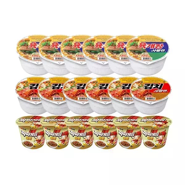 농심 육개장사발면, 86g, 6개 + 김치사발면, 86g, 6개 + 짜파게티범벅, 70g, 6개 (티멤버십1,960/무료)3