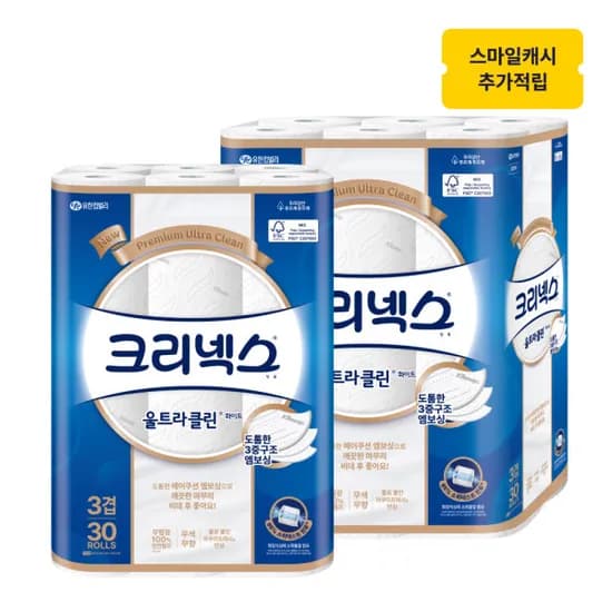크리넥스 3겹 울트라클린 화이트 25MX30롤+30롤 (27,130원/무배)