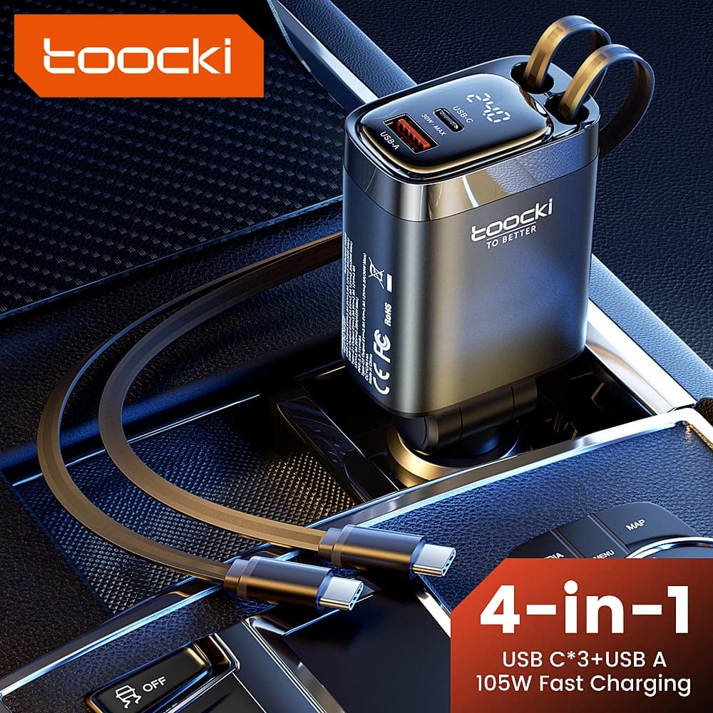 toocki 4 in 1 접이식 105W 듀얼 USB C 차량용 충전기