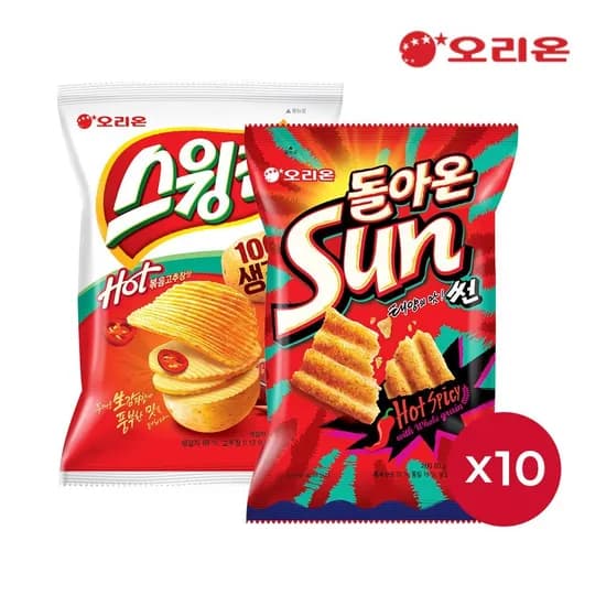 오리온 스윙칩 볶음고추장 60g 외 다양 10개, 썬 핫 스파이시맛 80g 외 다양 10개 (18,500원/개)