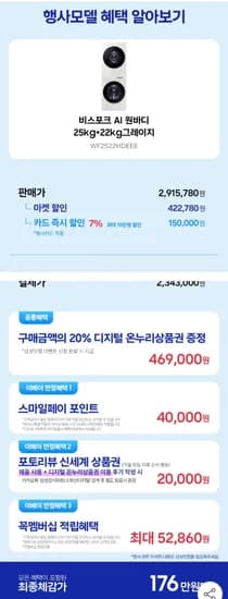삼성 비스포크 AI원바디 세탁건조기 WF2522 자동문열림 O