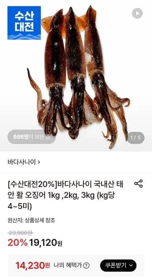 태안 활 오징어 kg 4~5미 (14,230원/무료)1