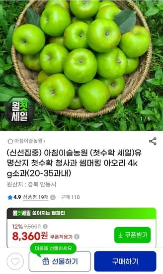 경북 청사과 아오리 4kg 소과 20~35과 (8,30원/무료)6