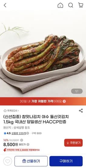 참맛나김치 여수 돌산갓김치 1.5kg (8,500원/무배)