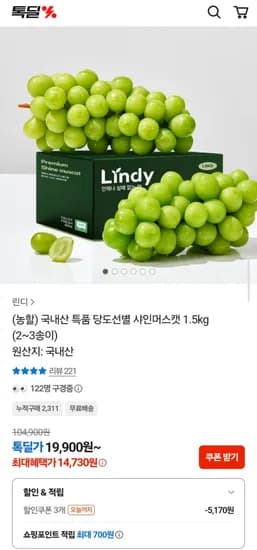 국내산 특품 당도선별 샤인머스캣 1.5kg (2~3송이) (14,730원/무료)