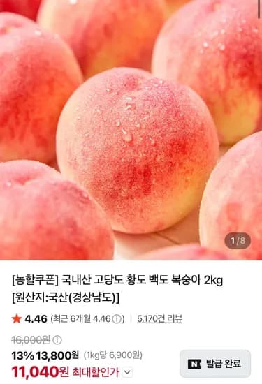 국내산 고당도 황도 백도 복숭아 kg (11,040원/무배)2