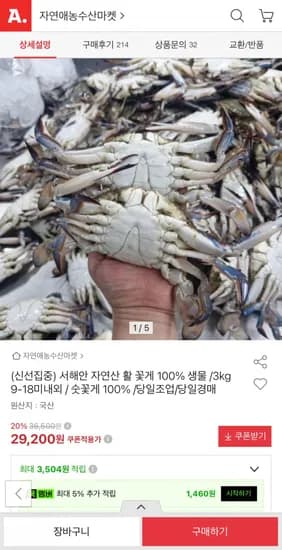 서해안 자연산 활 꽃게 100% 생물 3kg 9-18미내외(29,200원/무배)